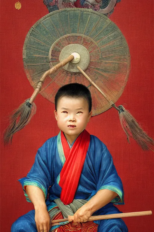 Image similar to a masterpiece portrait of legendry nezha flies riding on the wind fire wheels across the sea, water everywhere, chinese mythology, chinese male child, cute face, side view, red cloth around his shoulders, hold spear, cinematic, fantasy character portrait, highly detailed, by ne zha ( 2 0 1 9 ), fenghua zhong, bob byerley