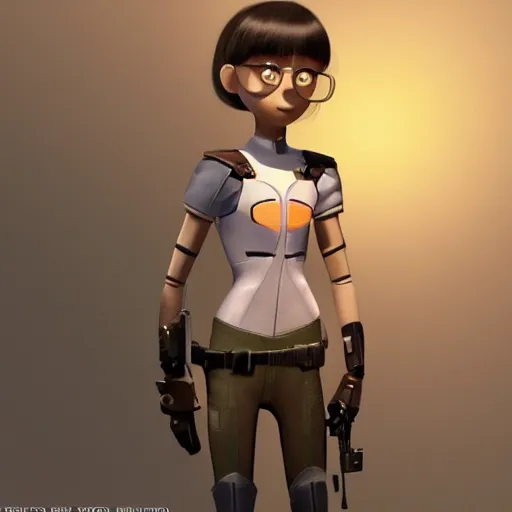 Image similar to a 3 d concept art of a armed sci - if girl by pixar studio.