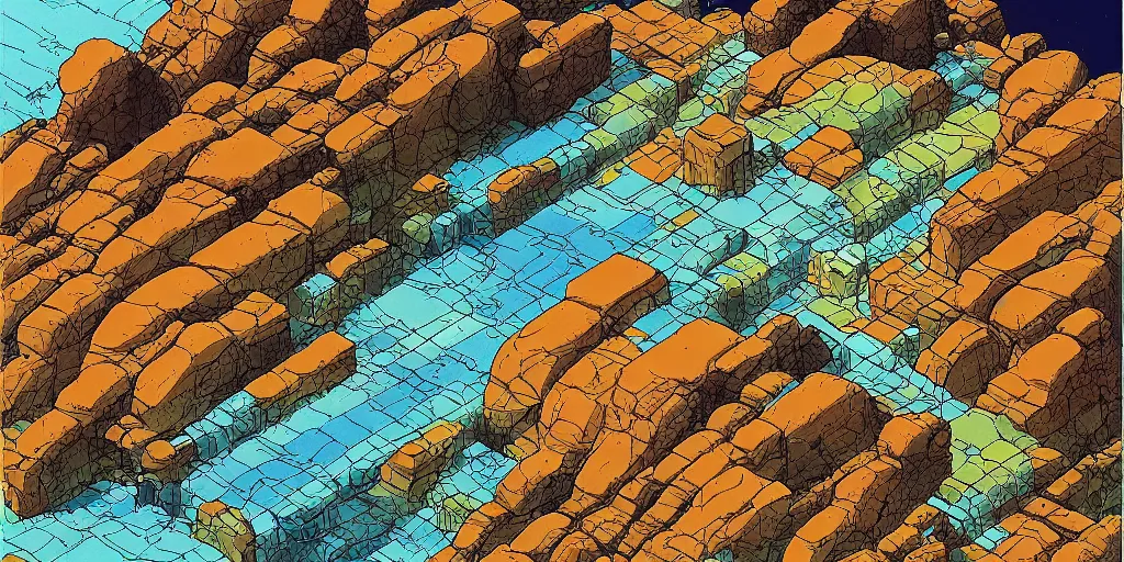 Prompt: isometric science fiction art of a rocky landscape. isometric perspective. science fiction art. alien world. moebius