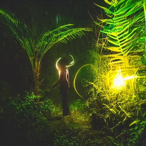 Image similar to an amatir photo capturing alien on jungle at night, candid