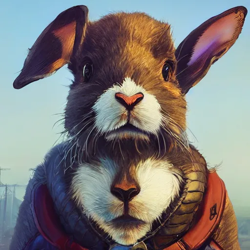 Image similar to highly detailed portrait of a biker rabbit in gta v, stephen bliss, unreal engine, fantasy art by greg rutkowski, loish, rhads, ferdinand knab, makoto shinkai and lois van baarle, ilya kuvshinov, rossdraws, tom bagshaw, global illumination, radiant light, detailed and intricate environment