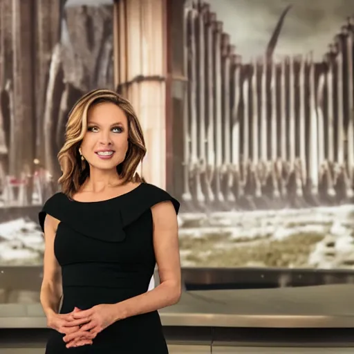 Prompt: cinematic movie still of a fox news anchorwoman reporting from mordor, lord of the rings movie, by daniella zalcman, directed by peter jackson, highly detailed, canon eos r 3, f / 1. 4, iso 2 0 0, 1 / 1 6 0 s, 8 k, raw, symmetrical balance