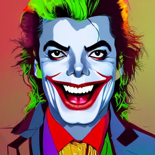 Image similar to michael jackson as the joker laugh on camera. symmetrical anatomy, hyperdetailed, coloured comic, baroque, pop art style, fantasy, without duplication, art by ilya kuvshinov and andy warhol and vinicius gud and gustavo zambelli, intricate, trending artstation, dribble popular.