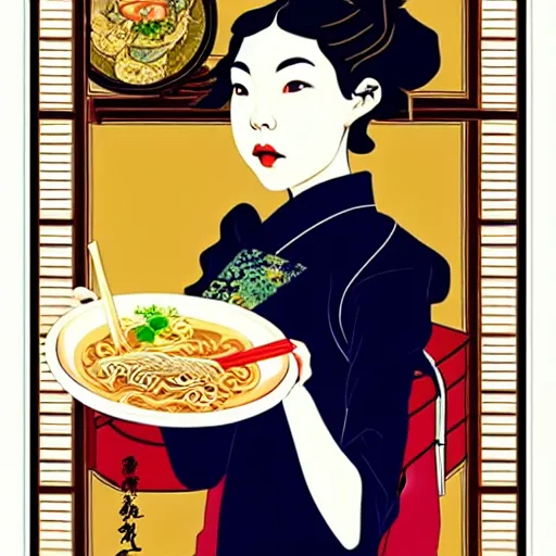 Prompt: beautiful japanese female model eating ramen soup portrait in the style of art nouveau anya taylor - joy