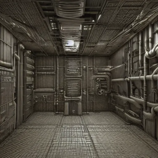 Prompt: a 3d render of an engine room covered in translucent brown paper bags, in style of hr giger, artstation, unreal engine