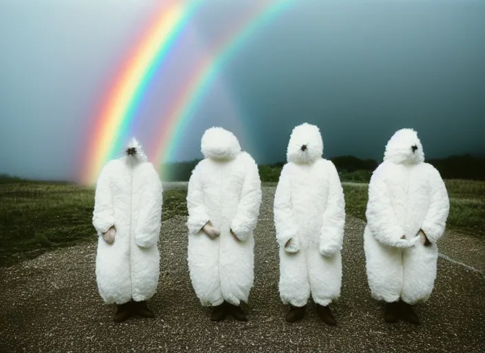 Prompt: three human wearing white massive feather fluffy suits their faces are wooden made of wood with long beak, grey skies with two rainbows, dusk, neutral color, starry night flashlight 1 9 9 0 a documentary realistic reportage photo photo, 8 k, cinestill, bokeh, soft focus, grain gelios lens, grain kodak, reportage