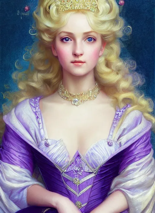 Prompt: peach princess, blonde hair, bright purple ball gown, beautiful face, oil on canvas, art station, beautiful brown eyes, by j. c. leyendecker and edmund blair leighton and charlie bowater, beautiful face, octane, very aesthetically pleasing, stunning beautiful blue eyes, realistic hair
