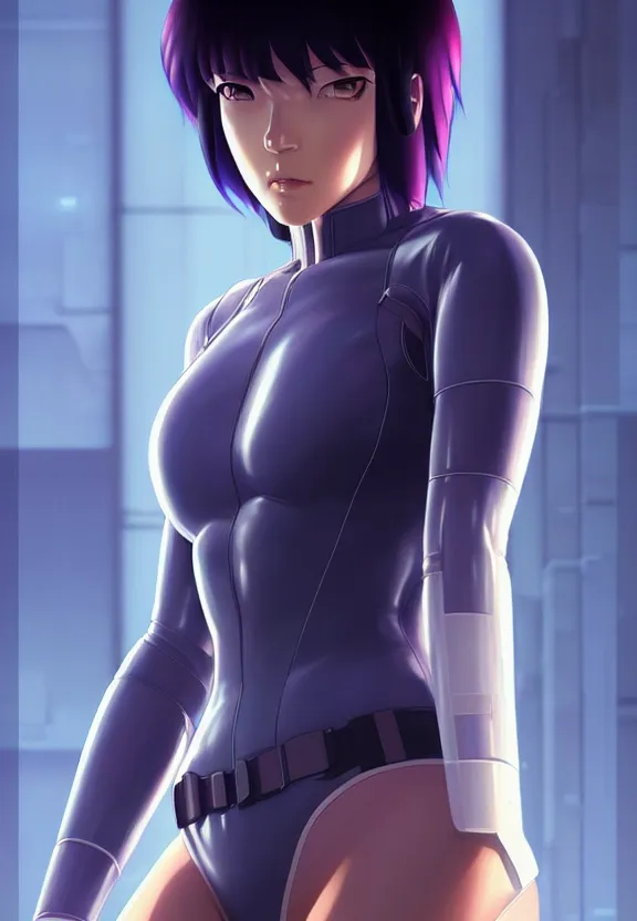 Image similar to a fullbody portrait of motoko kusanagi the major ghost in the shell : : stand alone complex, under repairs, maintenance : : by ilya kuvshinov, rossdraws, artgerm, sola digital arts, anti aliasing, raytracing : :