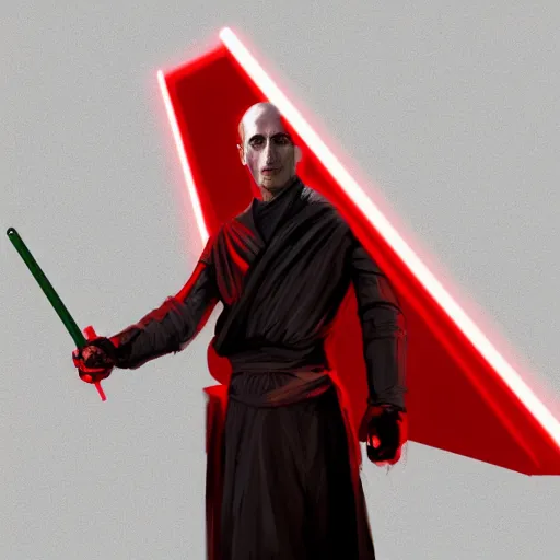 Prompt: dream A full body painting of mark strong as a sith acolyte in star wars, holding a red double-bladed lightsaber, art by benedick bana, matte painting, trending on artstation