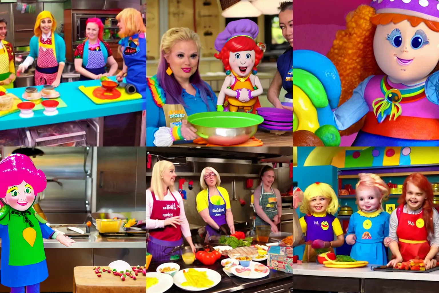 Prompt: Rainbow Brite teaches a cooking class, production still, Food Network, 4k, HD