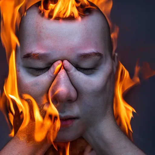 Prompt: portrait of a person who feels fear and agony while burning alive, 8k, highly detailed, photography