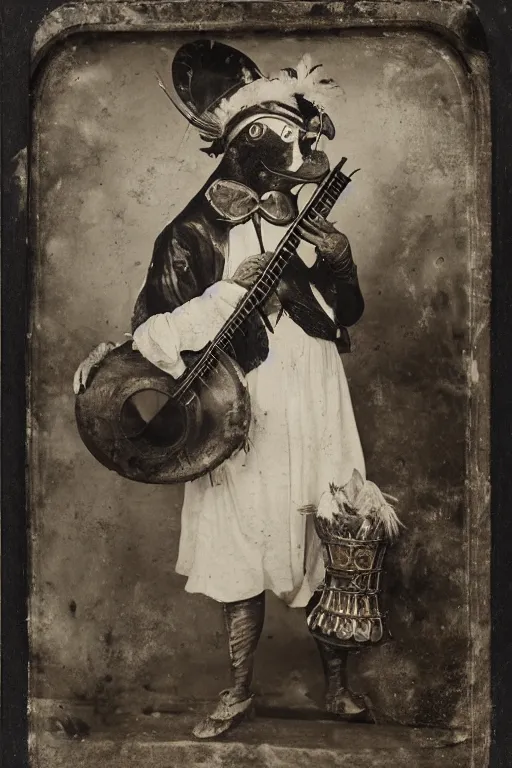 Image similar to a wet plate photo of an anthropomorphic rooster minstrel with a lute