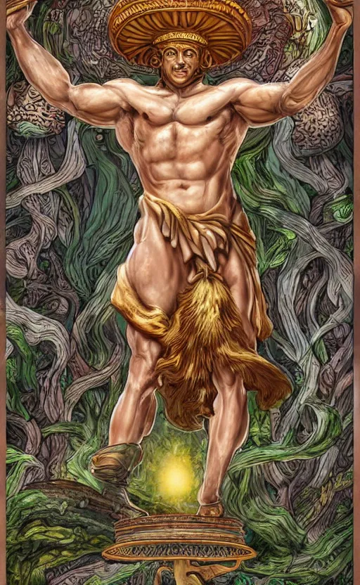 Prompt: a masterpiece hyperdetailed dnd tarot card, magnificent shrigma the mushroom deity as depicted in a colossal greek marble statue ( with godlike bodybuilder physique ), hd tarot card depicting monumental statue of a mushroom god with cute large mushroom hat, hdr, 8 k, artstationhq, digital art