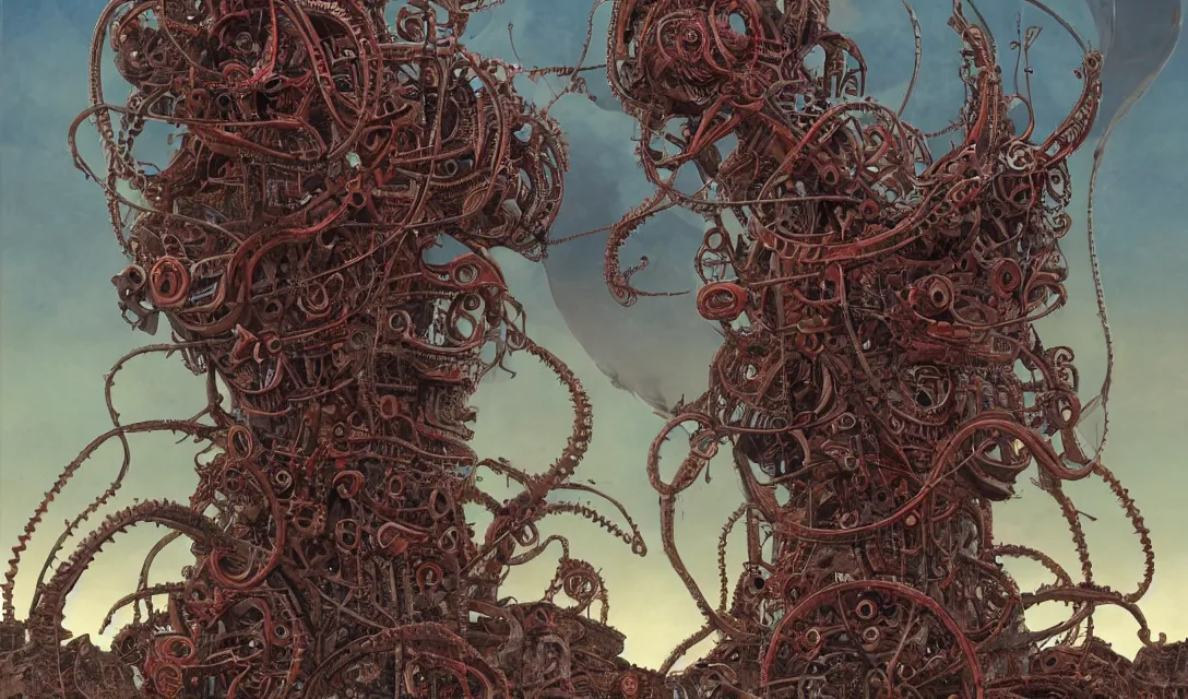 Image similar to lovecraftian biomechanical machine-tower with fleshy tendrils and eyeball at top overlooking dystopian wasteland, highly detailed, colorful with red hues