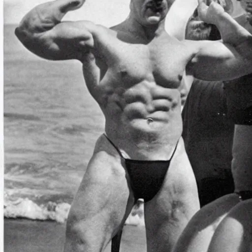 Prompt: stylish body builder hitler at miami beach