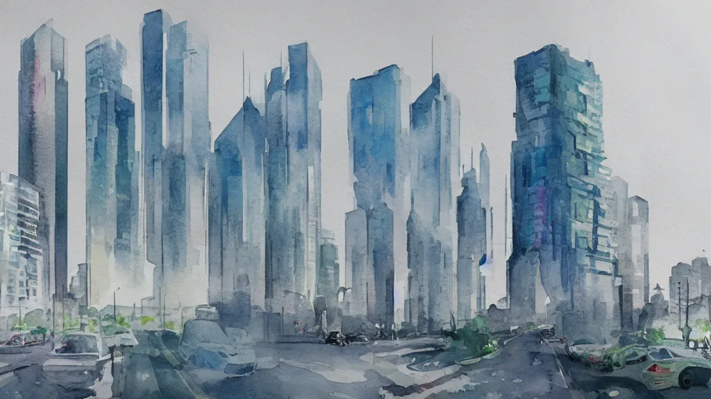 Image similar to watercolor mockup of modern future city, quick aquarelle painting