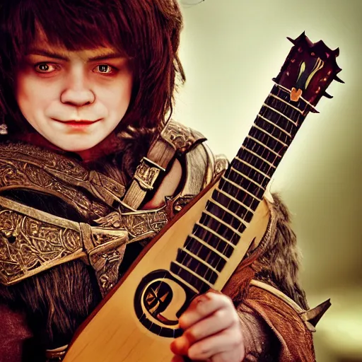 Image similar to realistic portrait of a halfling male, happy, bard, short hair, lute, intricate details, cinematic, photo, fantasy, medieval