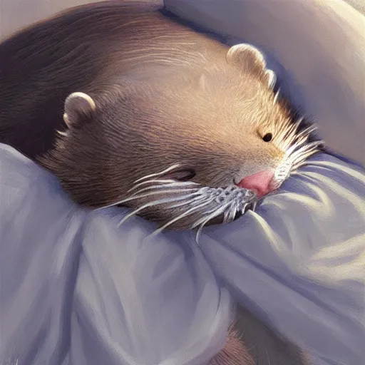 Prompt: a cute otter sleeping with blankets. soft, atmospheric, warm lighting. highly detailed digital painting by mandy jurgens.