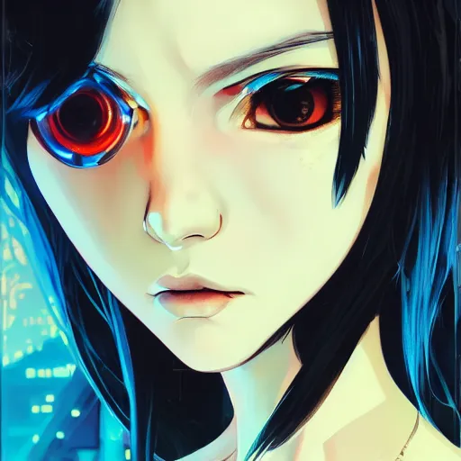 Image similar to A comic potrait of a cyberpunk cyborg girl with big and cute eyes, fine-face, realistic shaded perfect face, fine details. Night setting. Very anime style. Realistic shaded lighting poster by Ilya Kuvshinov katsuhiro, magali villeneuve, artgerm, Jeremy Lipkin and Michael Garmash, Rob Rey and Kentarõ Miura style, trending on art station