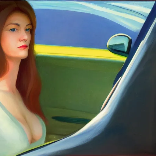 Prompt: Close-up portrait in car, dated a woman that lived on Cooterneck Road, She had a Catfish Camero and was cooler than me, by Edward Hopper, Bo Bartlett, and Cynthia Sheppard, Artstation