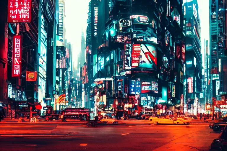 Prompt: cinematography of a busy cyberpunk city street by Emmanuel Lubezki