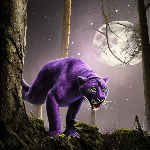 Image similar to a purple panther roaring at the moon in a forest during the night, large moon in the center. trending on artstation. cinematic. photoreal. dark colors. night.