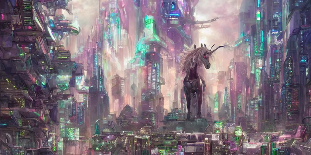 Image similar to unicorn in a futuristic cyberpunk town. By Konstantin Razumov, highly detailed