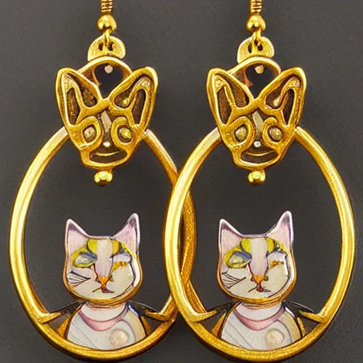 Image similar to hyperrealistic artnouveau style earrings with the face of a cat - like woman in atlantis