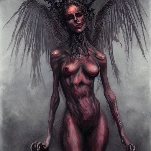 Prompt: portrait of erinyes demon, misty night, beautiful! coherent! by brom! deep colors, strong lines, high contrast