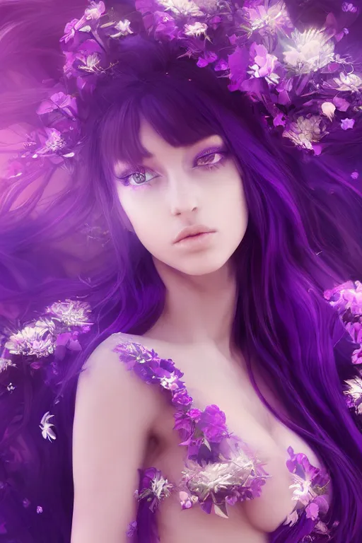 Prompt: 4k detailed portrait of a beautiful intimate woman with long purple cosmic hair and a beautiful celestial dress made of flowers, by viktoria gavrilenko. Anime, volumetric lighting, trending on artstation
