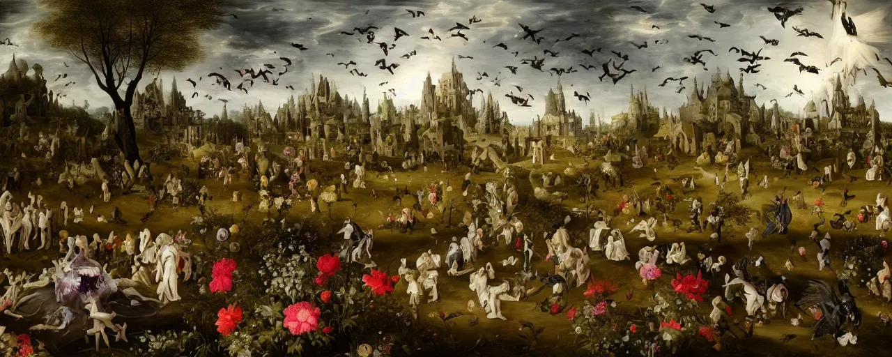 Prompt: 'Life from death' An aesthetic horror baroque landscape painting depicting 'A graveyard with plants and flowers growing, ghosts + bats and crows flying around' by Jan Brueghel the Elder, Trending on cgsociety artstation, 8k, masterpiece, cinematic lighting, vibrant colors.