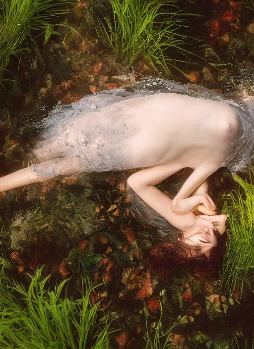 Prompt: lady laying under the river bed amongst the weeds, underwater shot, submerged, medium shot, on the bed of the river preraphaelite, 8 k