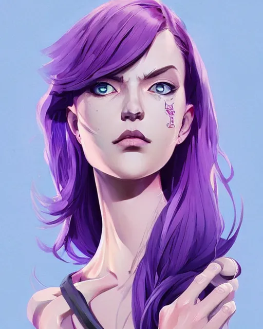 Image similar to beautiful famel purple hair tattoos symmetrical face eyes full body fantasy art icon, 3 d art gta 5 cover, official fanart behance hd artstation by jesper ejsing, by rhads, makoto shinkai and lois van baarle, ilya kuvshinov, rossdraws