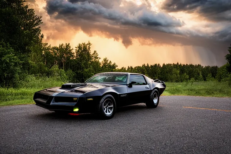 Image similar to pontiac firebird trans - am with black paint, sunrise, eerie light, fireflies, dog watching the car, dramatic, cinematic, forest, horror, sunbeams, volumetric lighting, wide shot, low angle, lightning storm hitting the car, ground cracking open to reveal a portal to hell