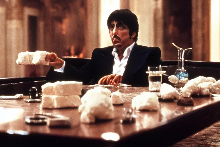 Prompt: tony montana from movie scarface 1 9 8 3 sitting behind a big black oak table with big large packages of flour. long shot. al pacino. perfect symmetric face, coherent eyes, fine details, 4 k, ron cobb, cinestill. last scene from scarface movie