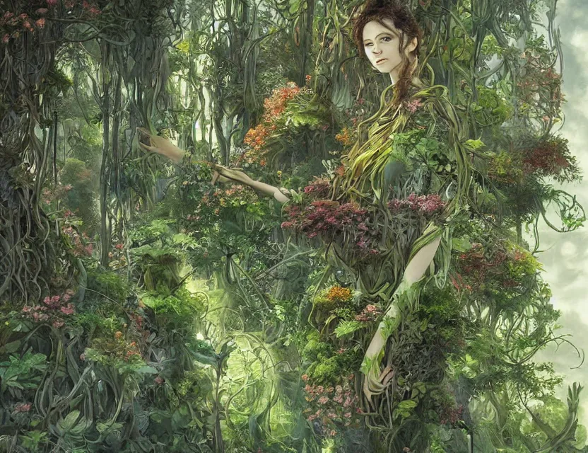 Prompt: the clockwork princess overgrown by plants. this oil painting by the award - winning mangaka has interesting color contrasts, plenty of details and impeccable lighting.