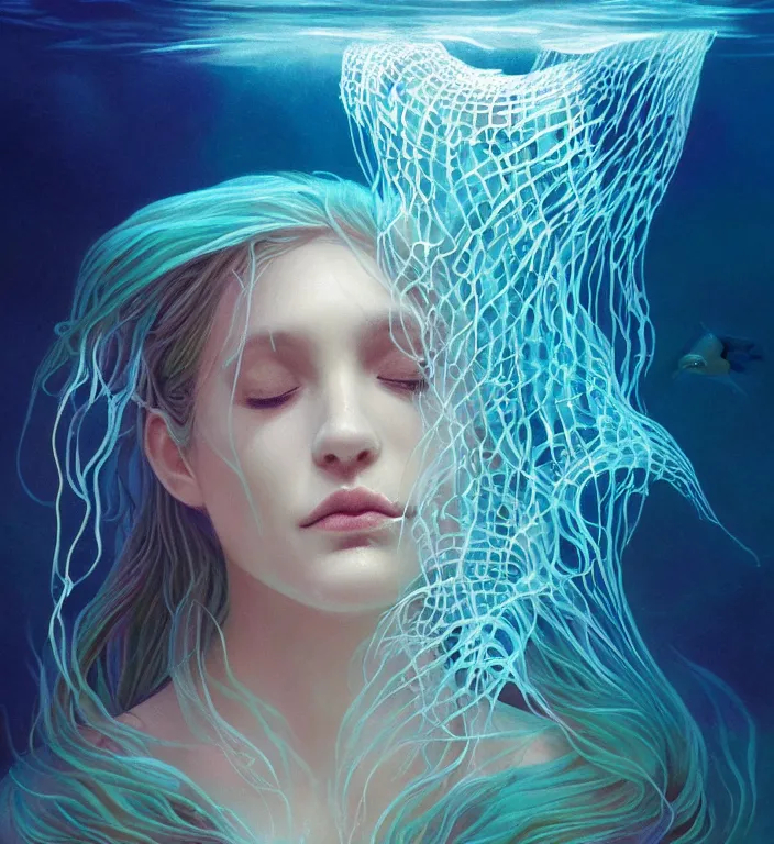 Image similar to underwater portrait of a goddess mermaid with (reaction diffusion) scaled fish skin Bioluminescent phoenix jellyfish, Her breath shot a haze of steam out into the frosty morning air concept, soft light, soft mood, realistic body features and face, illustration,intricate ornament halo, painting oil on canvas by Elena Zhurikhina and Goro Fujita and Charlie Bowater, octane render trending on artstation, 4k, 8k, HD