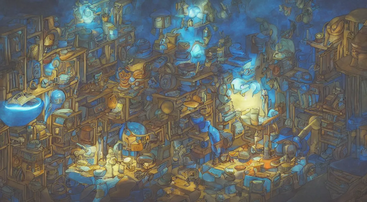 Prompt: cartoon wizard, scrolls of magic , blue light , shelves of scrolls and magic books , pot of alchemy , Dramatic lighting, Epic composition, Wide angle, by Miyazaki, Nausicaa Ghibli