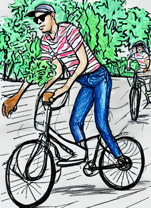 Prompt: drawing of a atlanta urban outfitters style riding a bike going to the beach