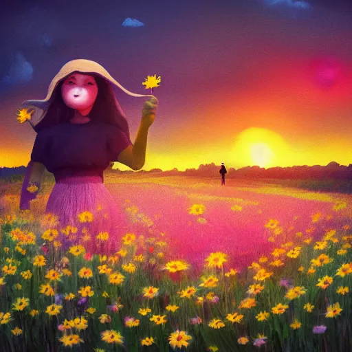 Image similar to daisy flower for a face, girl walking in flower field, holding daisy, surreal photography, sunrise, impressionist painting, colorful clouds, digital painting, artstation, simon stalenhag, flower face