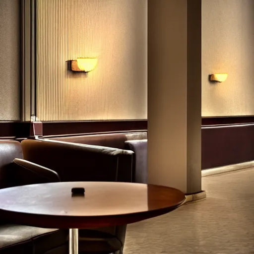 Image similar to photo in an empty hotel lobby, steaming cup of cappuccino on a low table, croissant on a plate, coffee spoon on a napkin, liminal, diffuse light, hdr, dslr