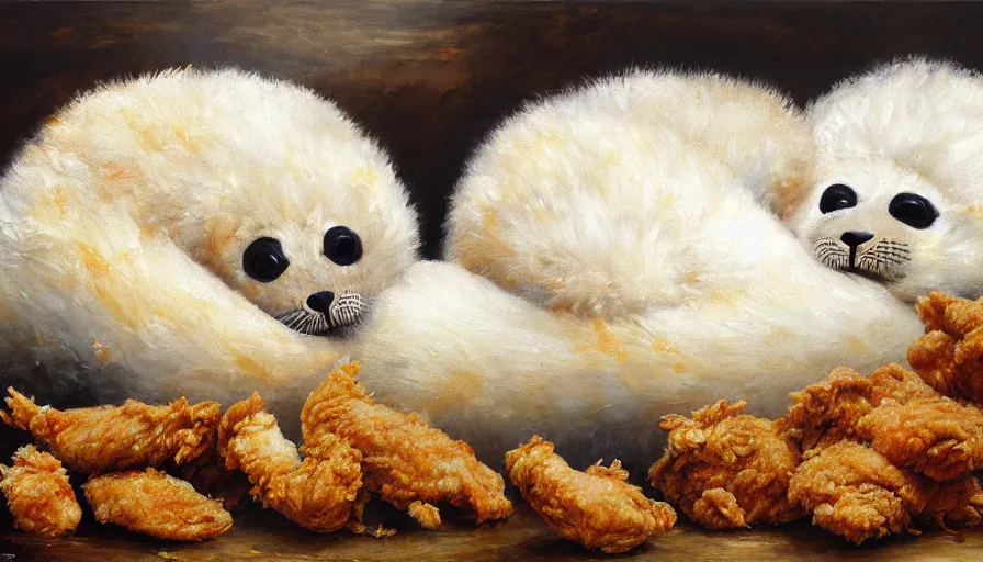 Image similar to highly detailed painting of cute furry white baby seals cuddling up in a big pile of fried chicken by william turner, thick brush strokes and visible paint layers, 4 k resolution