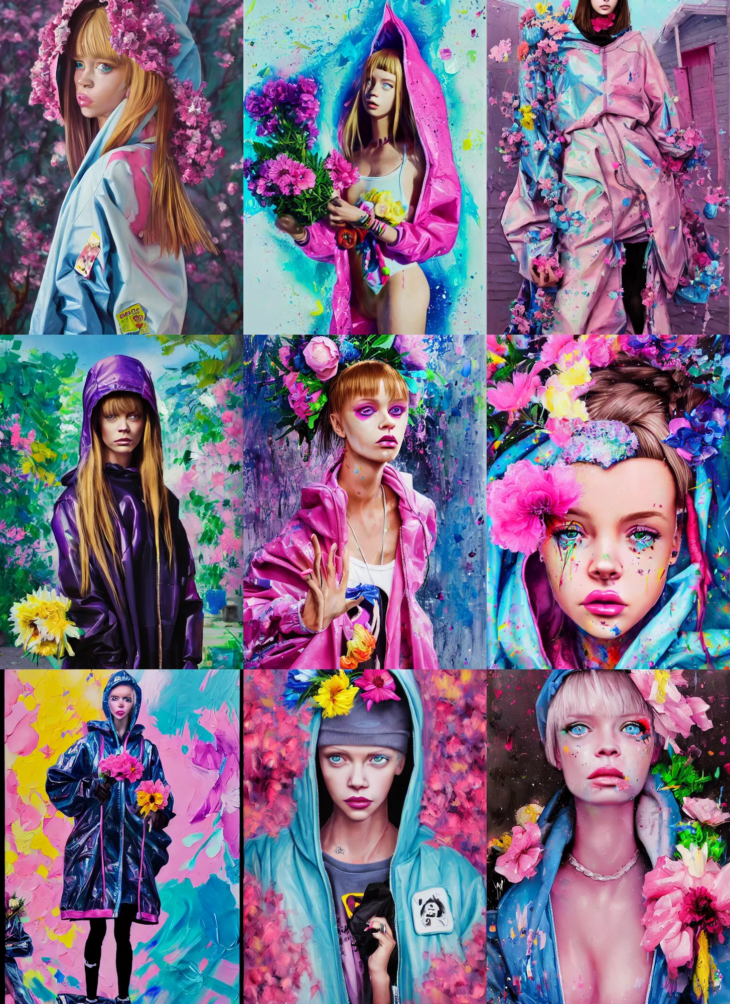 Image similar to still from music video of barbie palvin from die antwoord standing in a township street, wearing a trashbag hoodie garbage bag and flowers, street fashion, full figure portrait painting by martine johanna, ilya kuvshinov, rossdraws, pastel color palette, shiny plastic, detailed impasto brushwork, impressionistic