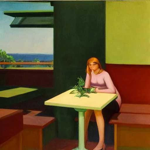 Image similar to idyllic cannabis garden bed in a busy australian cafe muted colors by edward hopper