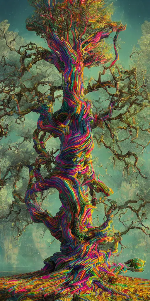 Image similar to impossibly beautiful tree of sacred knowledge, bad trip, insane smile, intricate complexity, surreal horror, inverted neon rainbow drip paint, trending on art station, photoreal, 8 k, octane render by greg rutkowski, and salvador dali