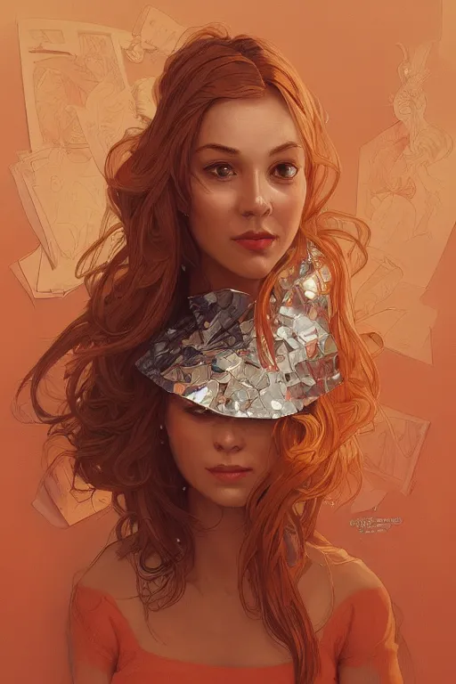 Image similar to portrait of tinfoil hat man in orange t - shirt behind his wife, feelings, romantic, fantasy, intricate, elegant, highly detailed, digital painting, artstation, concept art, smooth, sharp focus, illustration, art by artgerm and greg rutkowski and alphonse mucha