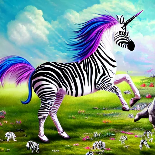 Prompt: unicorn with black and white zebra stripes and pegasus wings on fantasy meadow background detailed oil painting 4k