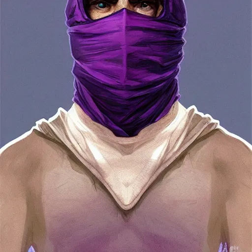 Image similar to ultra realistic illustration, man in a black hood, in a striped purple balaclava, mysterious, highly detailed, digital painting, artstation, concept art, smooth, sharp focus, illustration, art by artgerm and greg rutkowski and alphonse mucha