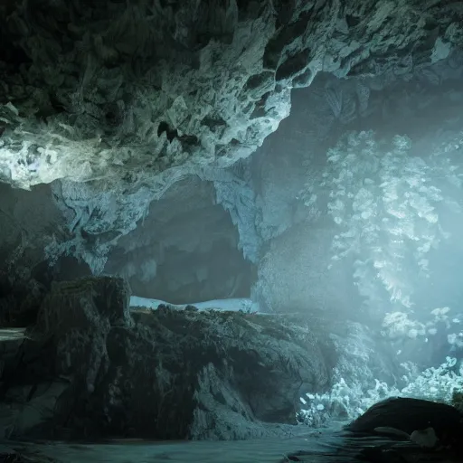 Image similar to overgrown cave made of white paper, crystal lighting, mystical, hyperrealistic, 4 k, unreal engine, highly detailed, dramatic lighting, magical,