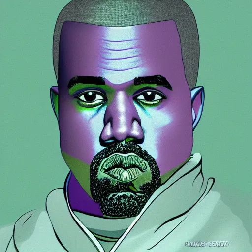 Prompt: kanye west by wayne barlowe blue green purple color palette very detailed clear focus